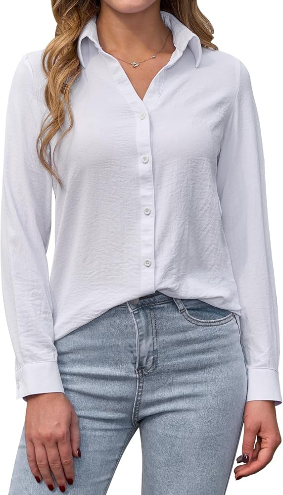 siliteelon Womens Button Down Shirts Long Sleeve V Neck Collared Blouses Office Work Tops Chiffon... | Amazon (US)