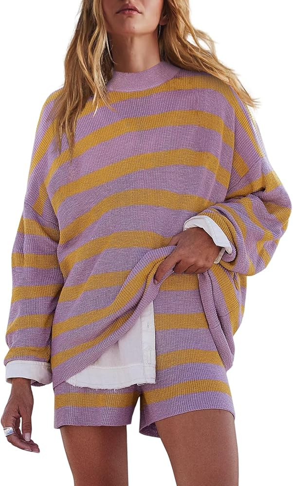 LAMISSCHE Womens Oversized Lounge Sets 2 Piece Outfits Striped Matching Pajama Set Long Sleeve Sw... | Amazon (US)