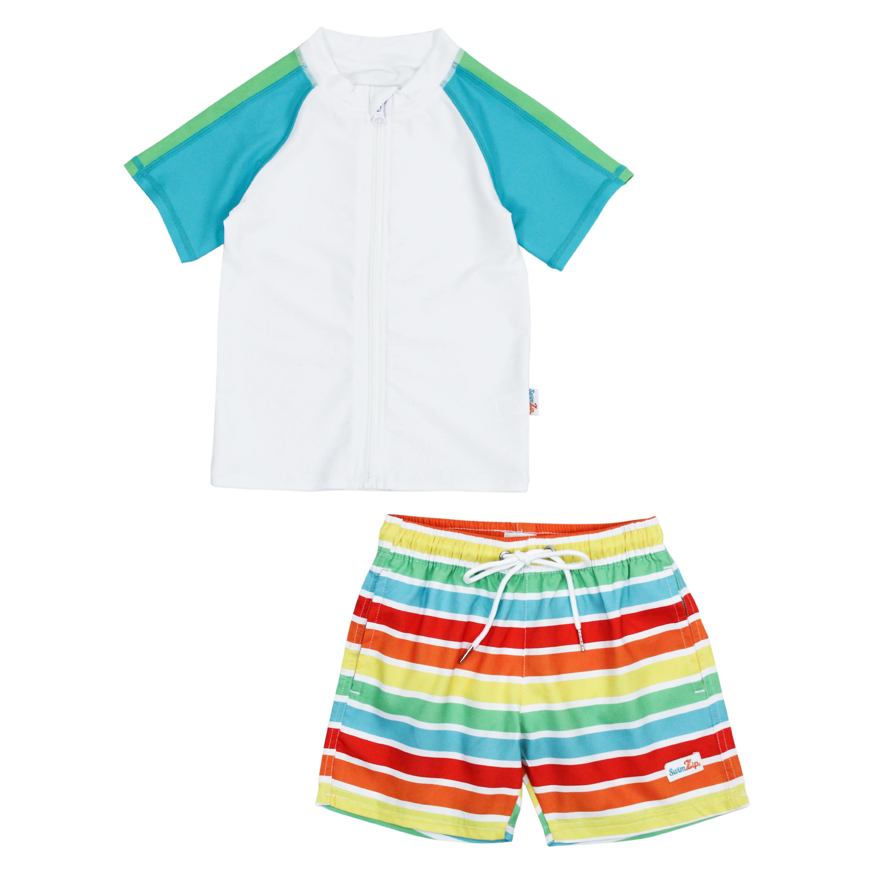 Boys Short Sleeve Zipper Rash Guard and Swim Trunk Set | "Rainbow" | SwimZip