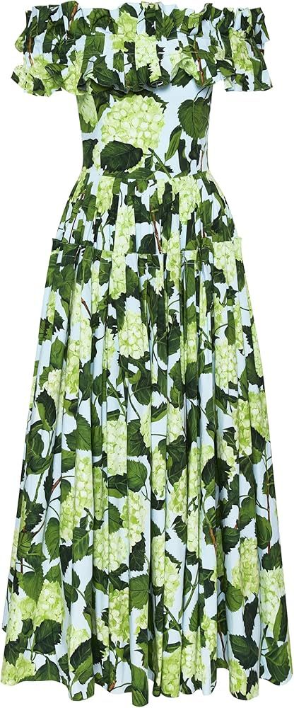 Amazon.com: Oscar de la Renta, Ruffle Detail Hydrangea Maxi Dress, 0, Blue/Green : Luxury Stores | Amazon (US)