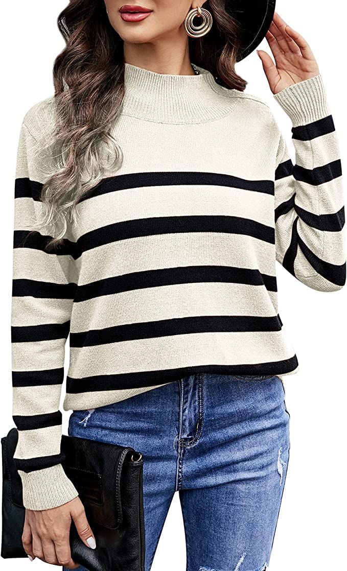 LIOFOER Womens High Neck Striped Stitching Pullover Autumn Winter Long Sleeve Sweater | Amazon (US)