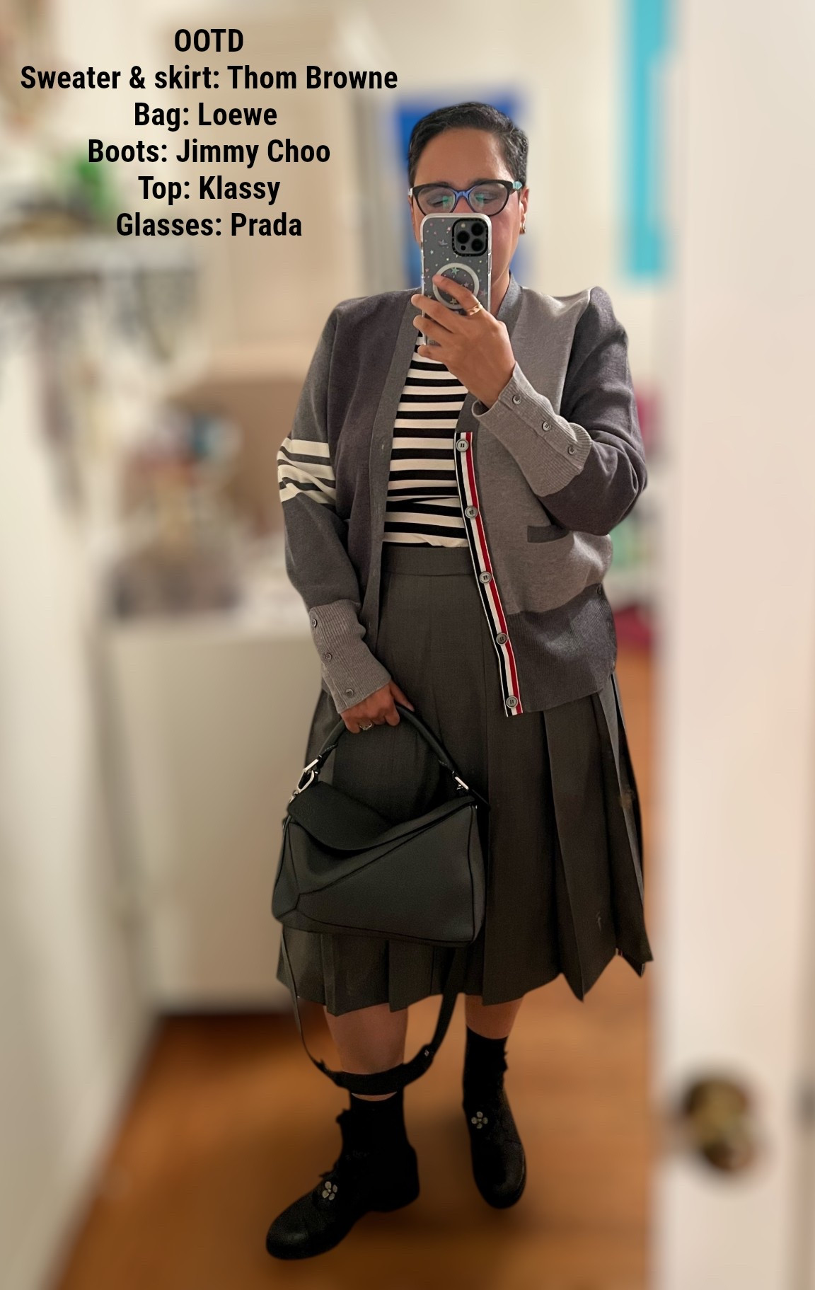 Today’s Outfit 
Sweater & skirt: Thom Browne
Bag: Loewe 
Boots: Jimmy Choo
Top: Klassy
#loewe #thombrowne #jimmychoo #klassy

#LTKWorkwear #LTKOver40 #LTKMidsize
