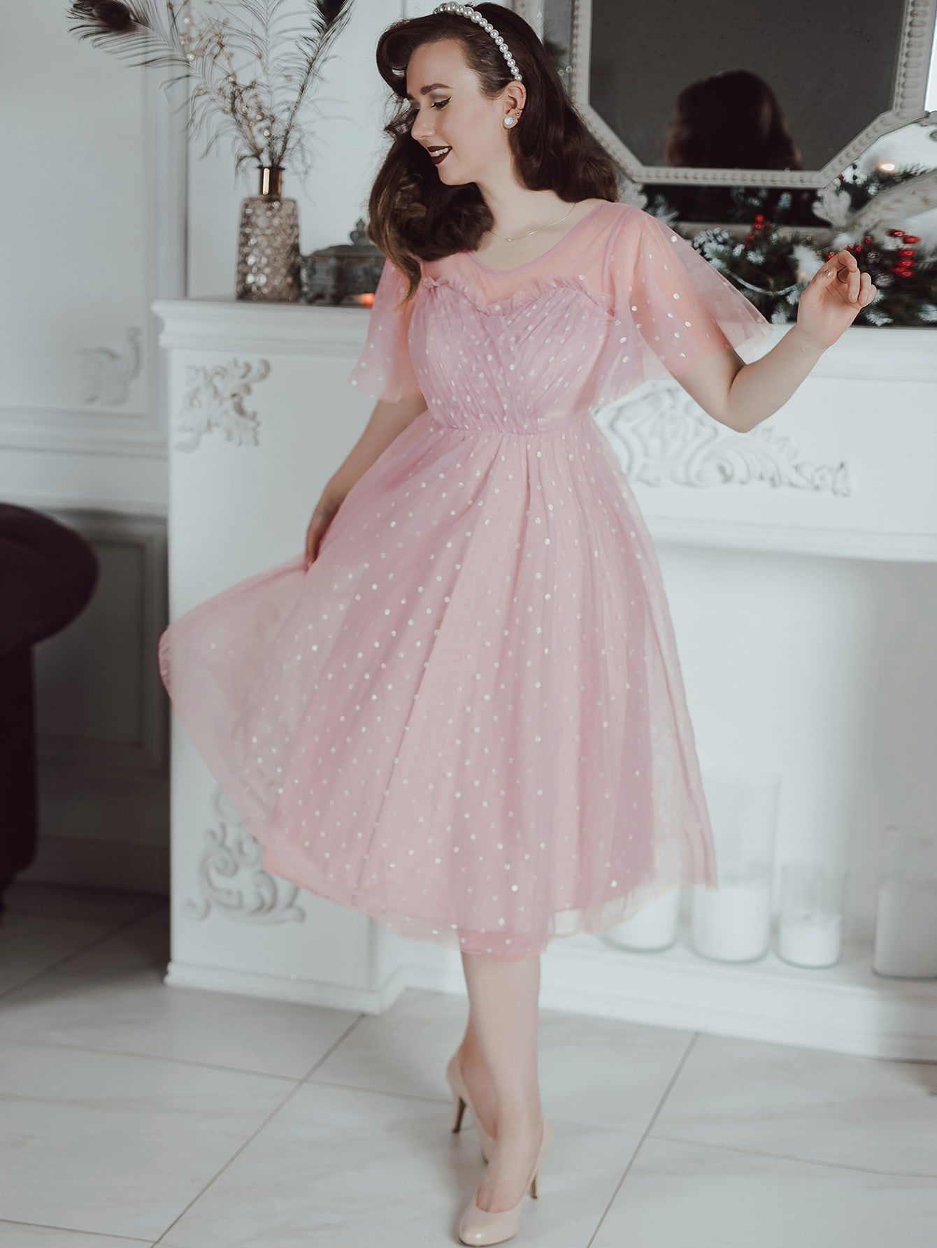 EVER-PRETTY Flutter Sleeve Contrast Sequin Mesh Dress | SHEIN