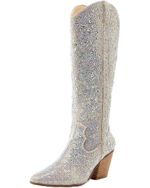 olomisa Rhinestone Boots for Women, Knee High Cowboy Boots Pointed Toe Chunky Heel Sparkly Cowgir... | Amazon (US)