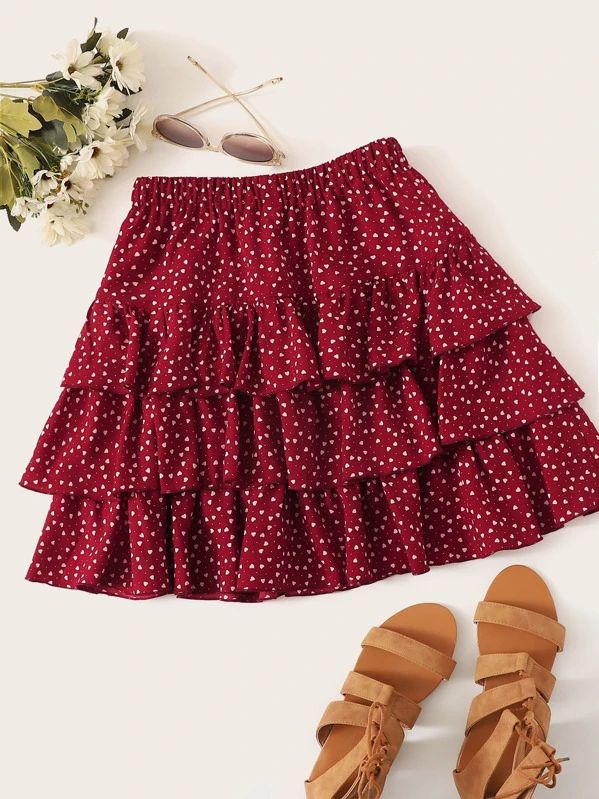 SHEIN Heart Print Layered Ruffle Skirt | SHEIN