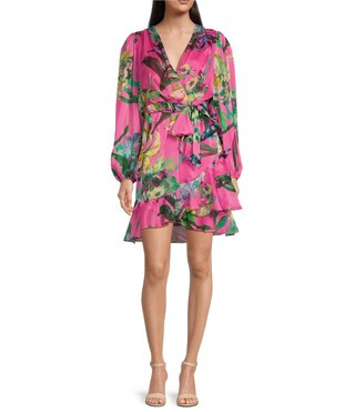 Laurel Floral Long Sleeve Surplice V-Neck A-Line Dress | Dillard's