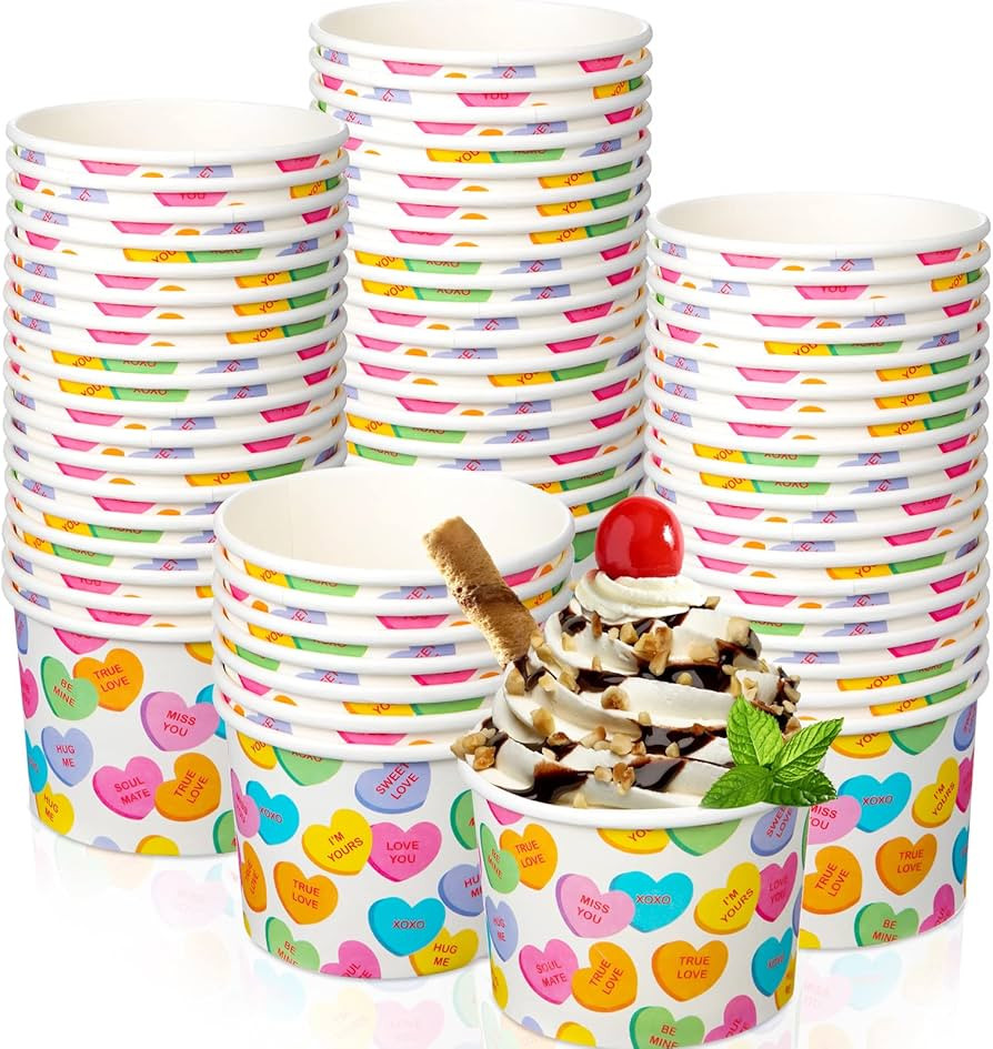 Shellwei 50 Pack 9 oz Valentine's Day Ice Cream Cups Bulk Conversation Heart Disposable Dessert T... | Amazon (US)