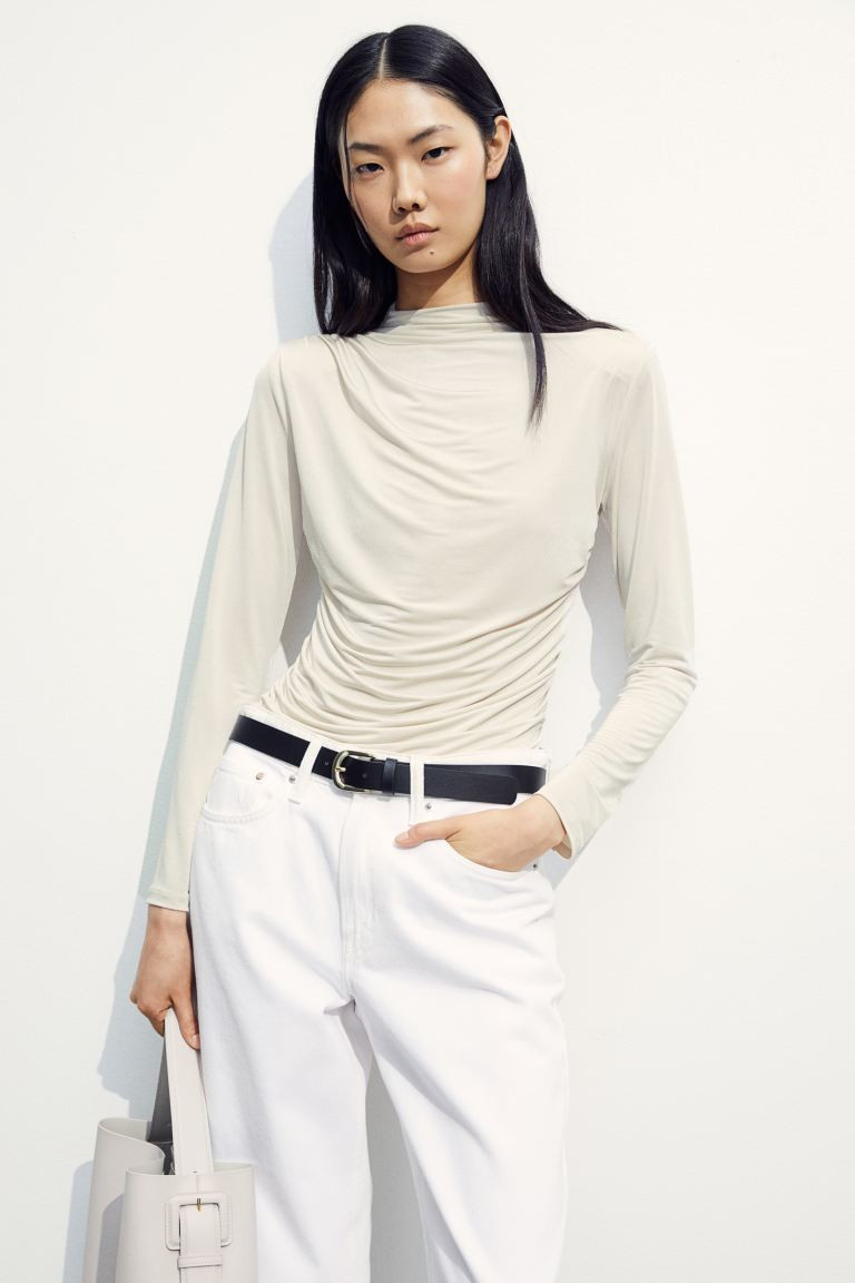 Draped turtleneck top - Light beige - Ladies | H&M GB | H&M (UK, MY, IN, SG, PH, TW, HK)