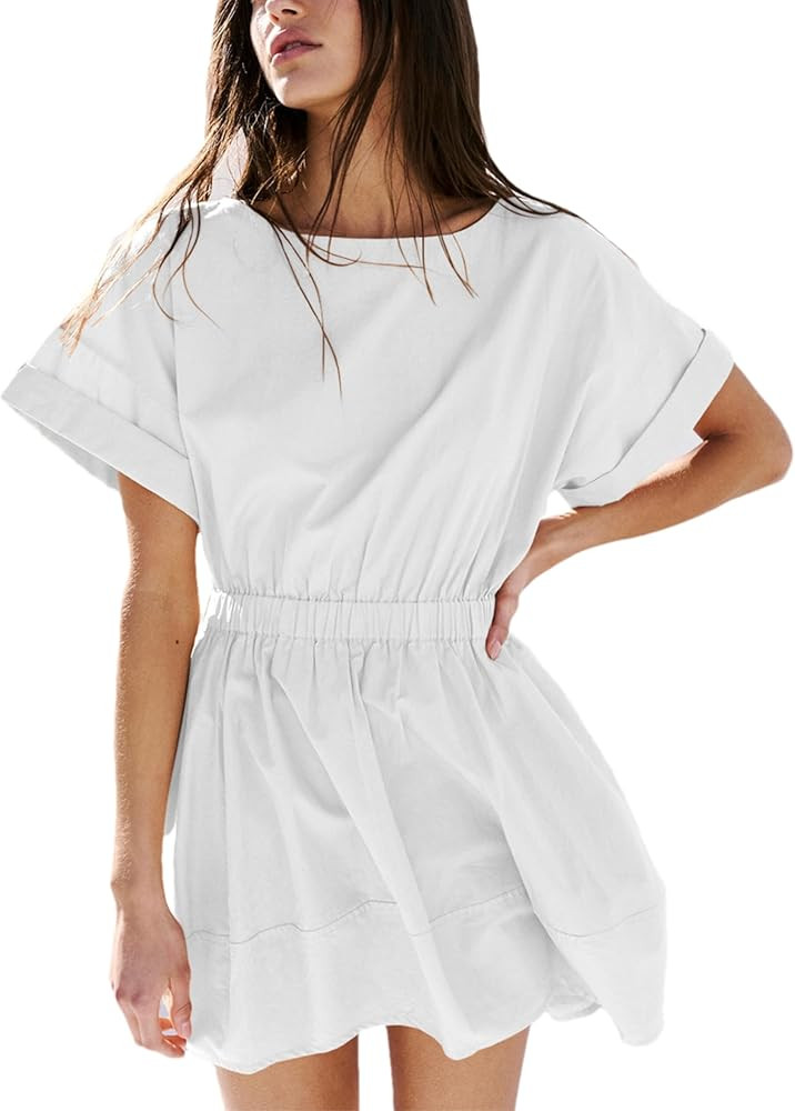 HangNiFang Womens Mini Summer Dresses Flowy Open Back Elastic Waist Sundress with Pockets | Amazon (US)