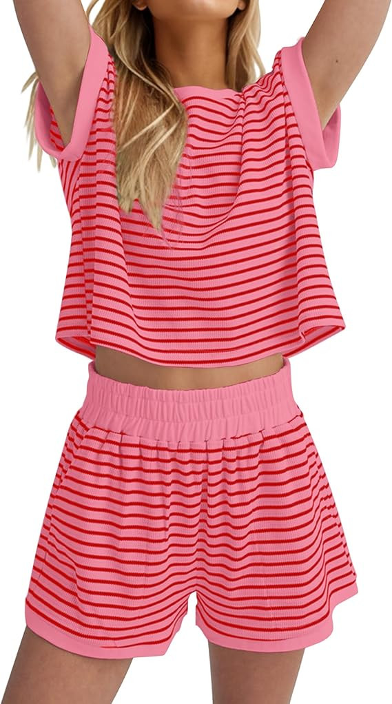 Women Summer 2 Piece Lounge Sets Striped Short Sleeve Tee Shirts Mini Shorts Loungewear Shorts Se... | Amazon (US)