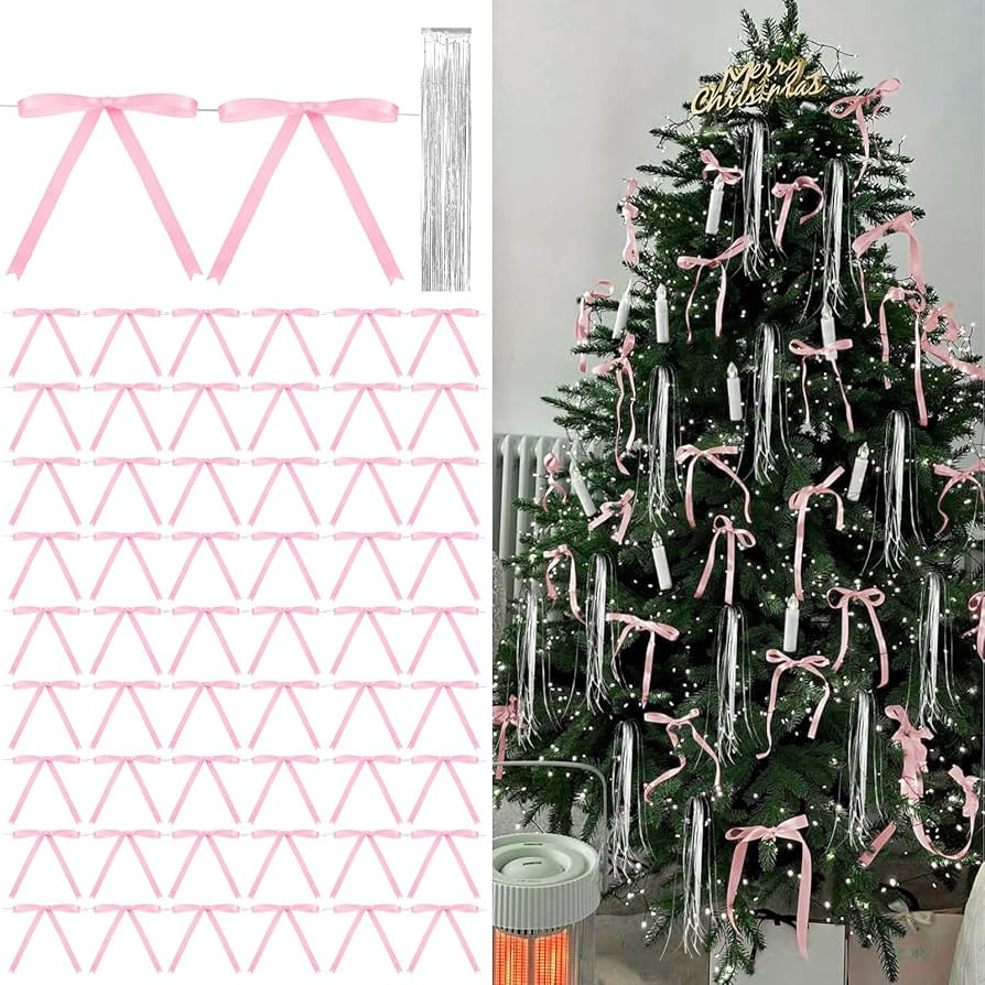 50PCS Pink Bow Christmas Tree Decorations, Ribbon Bows Garland Decor with Silver Tinsel Icicles S... | Amazon (US)