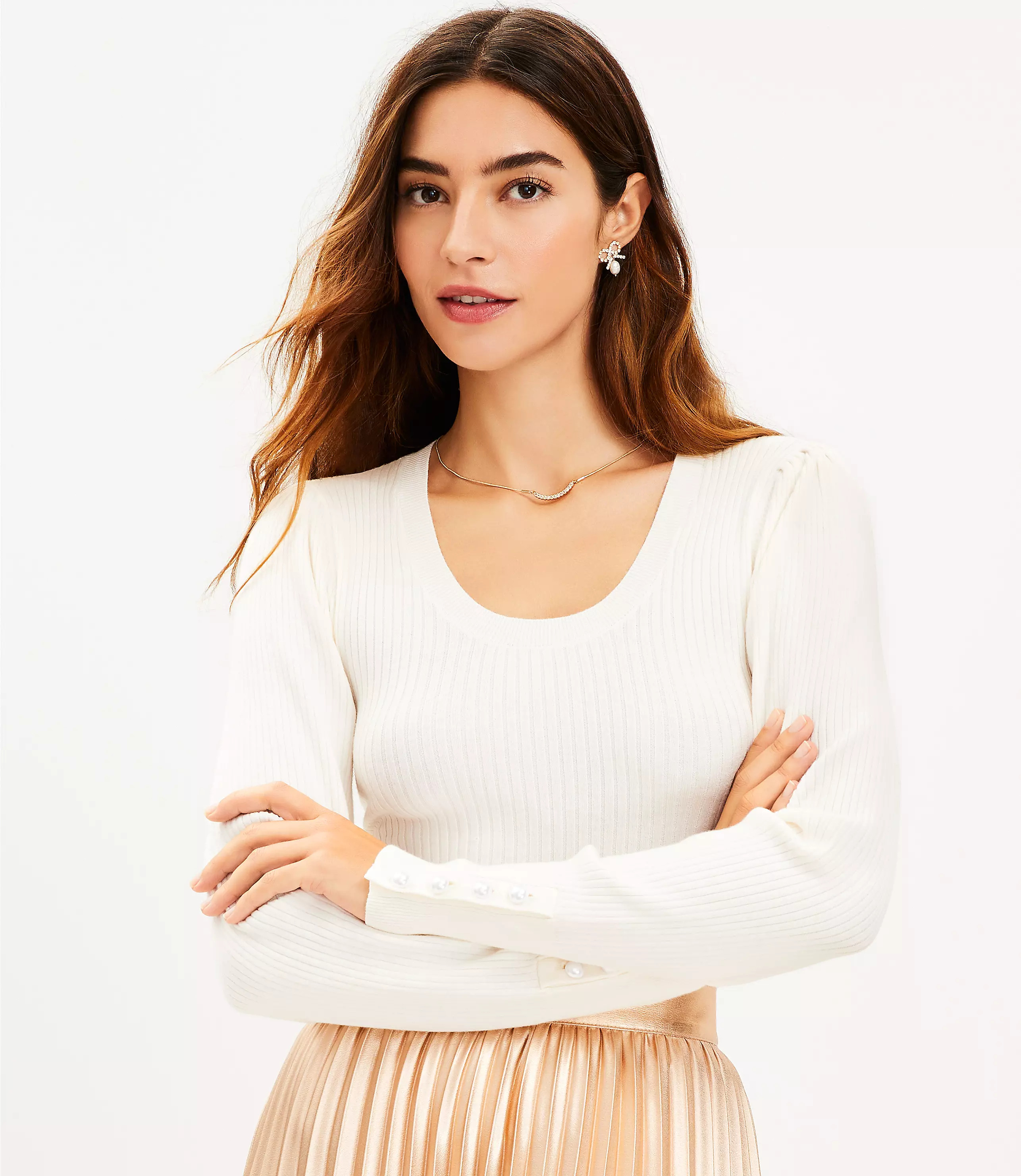 Pearlized Cuff Ribbed Puff Sleeve Sweater | LOFT