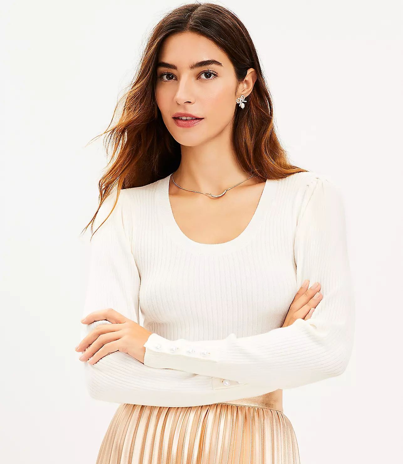 Shimmer Pearlized Cuff Ribbed Puff Sleeve Sweater | LOFT