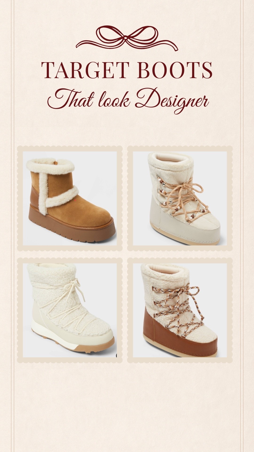 Target boots that look designer / looks like moon boots 

#LTKGiftGuide #LTKHoliday #LTKFindsUnder100