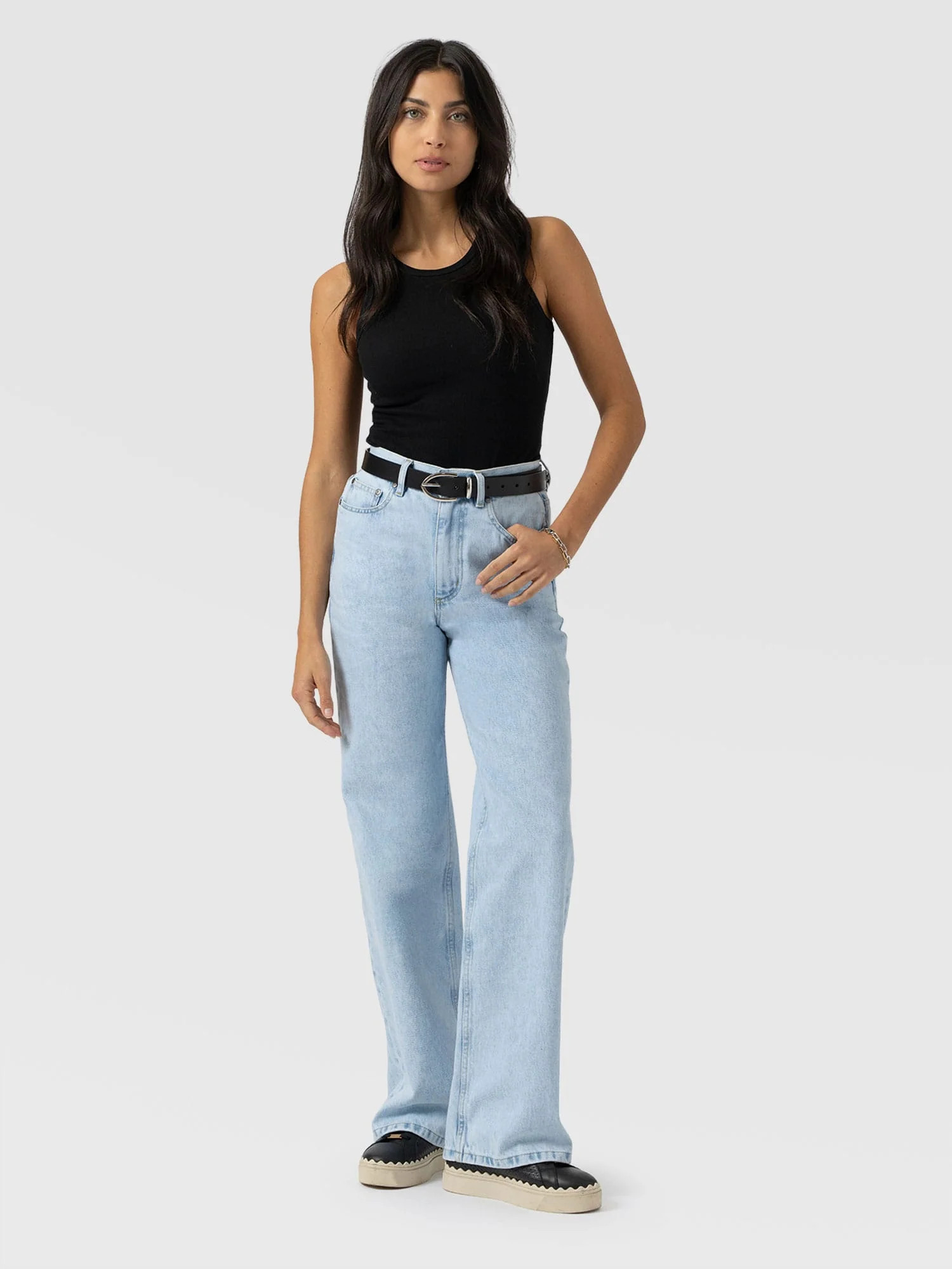 Adjustable Wide Leg Jeans - Pale Blue | Saint + Sofia