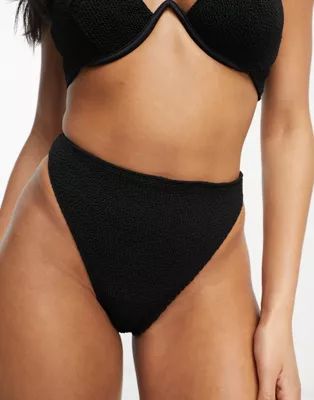 ASOS DESIGN mix and match crinkle high leg high waist thong bikini bottom in black | ASOS (Global)