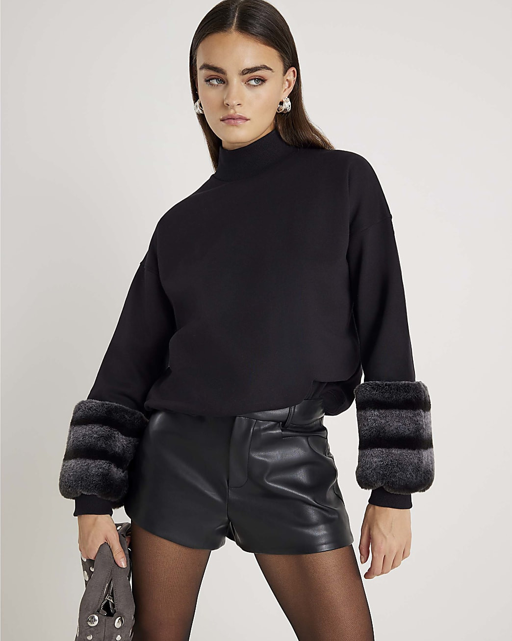 Black Faux Fur Cuff Sweatshirt | River Island UK & IE