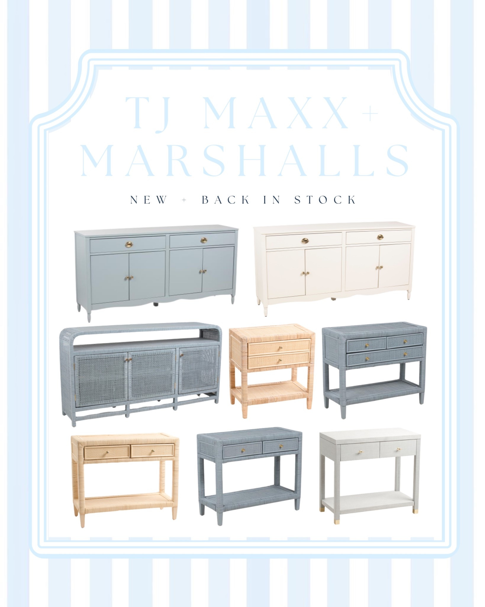 New + back in stock at TJ Maxx & Marshalls 🤍✨

These coastal-inspired furniture finds are SO good — woven console tables, raffia nightstands, cane cabinets, and soft blue sideboards with brass hardware. If you love that Serena & Lily look for less, these pieces give you that same elevated coastal grandmother / modern coastal vibe without the designer price tag.

Perfect for entryways, living rooms, bedrooms, or dining spaces — think woven textures, light wood tones, soft blues, and classic neutrals that instantly brighten your home. Run, don’t walk because these always sell out fast! 

#LTKhome #coastalhome #coastaldecor #serenaandlilylookforless #homefinds #tjmaxxfinds #marshallsfinds #wovenfurniture #raffiafurniture #caneaccent #moderncoastal #coastalgrandmother #entrywaydecor #consoledecor #lookforless @TJ Maxx  @Marshalls 

#LTKHome