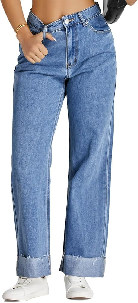 Cicy Bell Womens High Waisted Boyfriend Jeans Cuffed Raw Straight Leg Baggy Denim Pants with Pock... | Amazon (US)