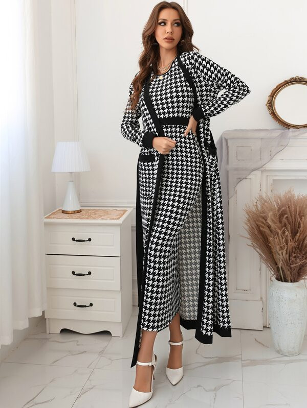 Houndstooth Slit Back Bodycon Dress & Patched Pocket Belted Coat
   
      SKU: sw211104917952411... | SHEIN