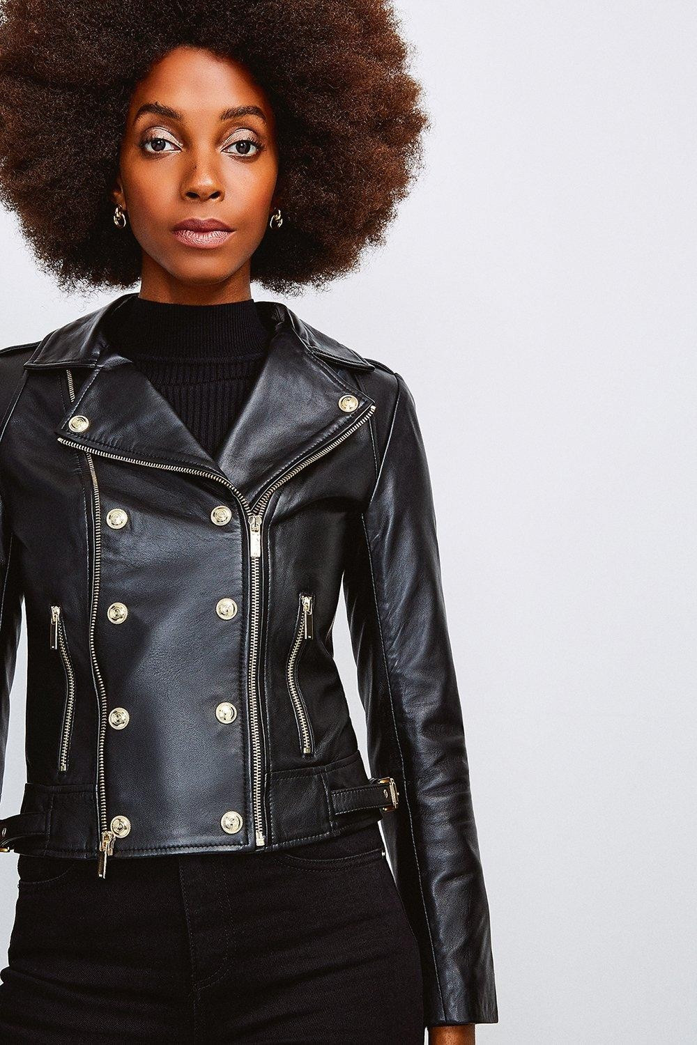 Petite Military Leather Biker | Karen Millen UK & IE