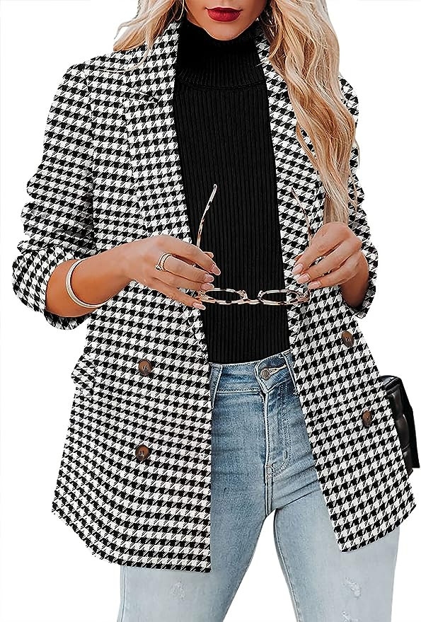 CRAZY GRID Womens Long Sleeve Blazer Jacket Open Front Work Office Blazer Button Jacket | Amazon (US)