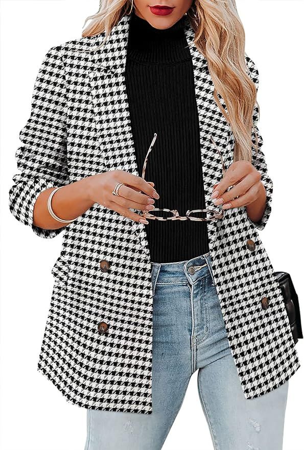 CRAZY GRID Womens Long Sleeve Blazer Jacket Open Front Work Office Blazer Button Jacket | Amazon (US)