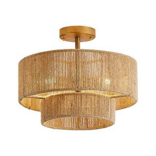 15.4 in. 3-Light Bohemian Antique Gold 2-Tier Drum Semi- Flush Mount with Natural Jute Rope Shade | The Home Depot