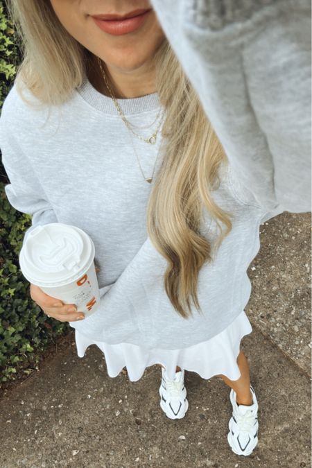 Amazon gray sweatshirt
White tennis skirt 
New balance 9060

#LTKfindsunder50 #LTKfitness