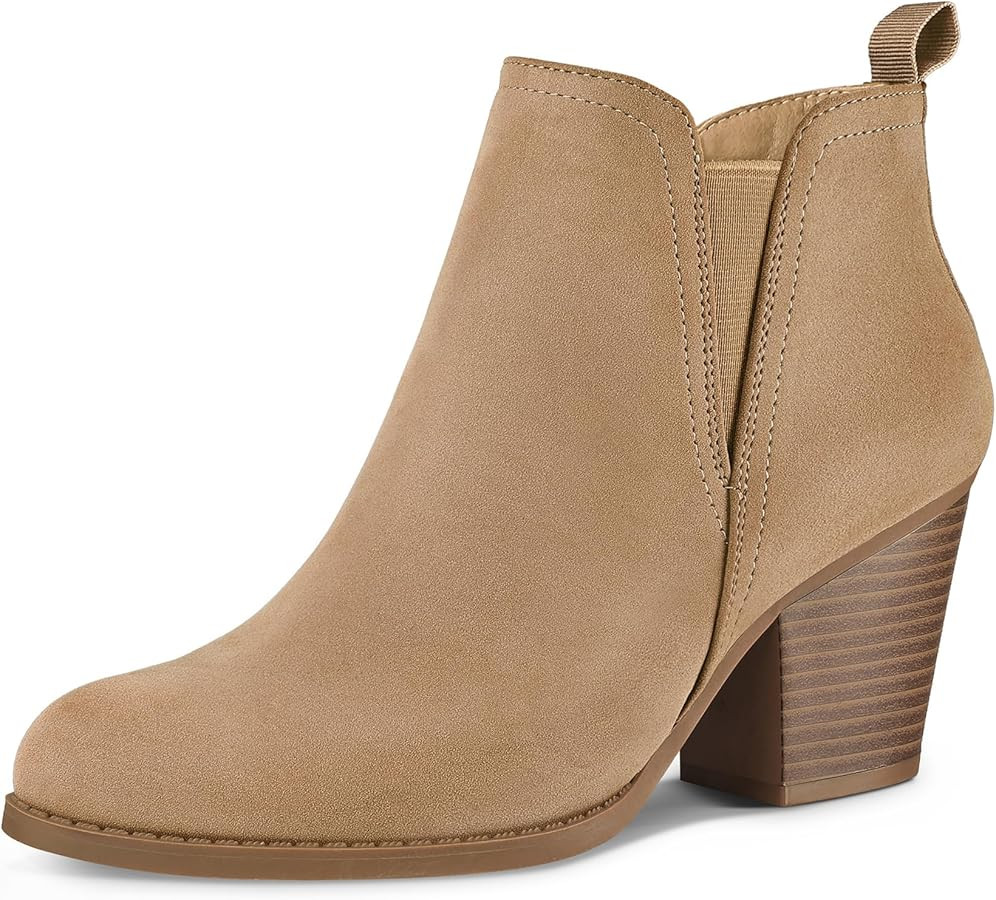 mysoft Women's Ankle Boots V Cut Side Elastic Panel Stacked Chunky Heel Booties with Side Zipper | Amazon (US)