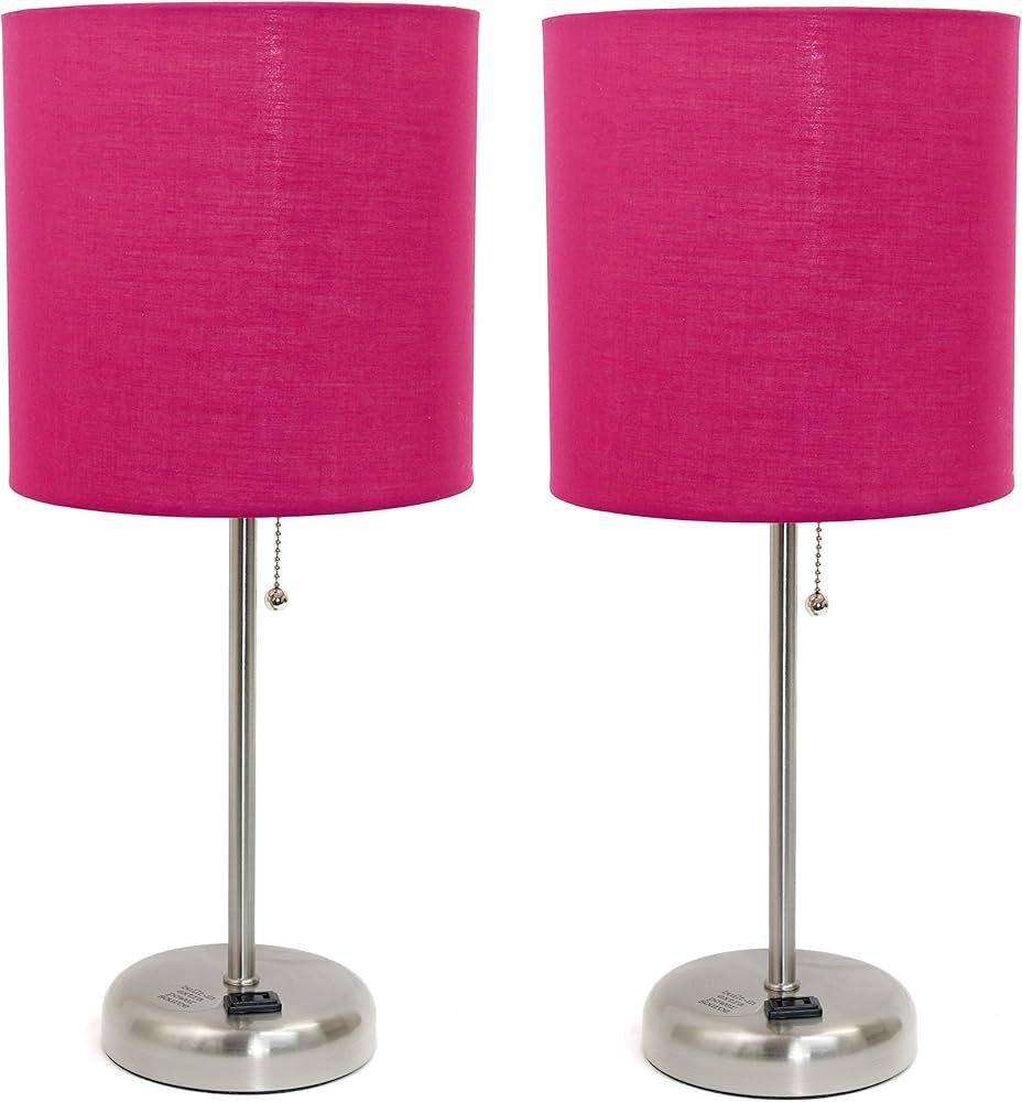 Limelights LC2001-PNK-2PK Brushed Steel Stick Lamp with Charging Outlet and Pink Fabric Shade 2 P... | Amazon (US)