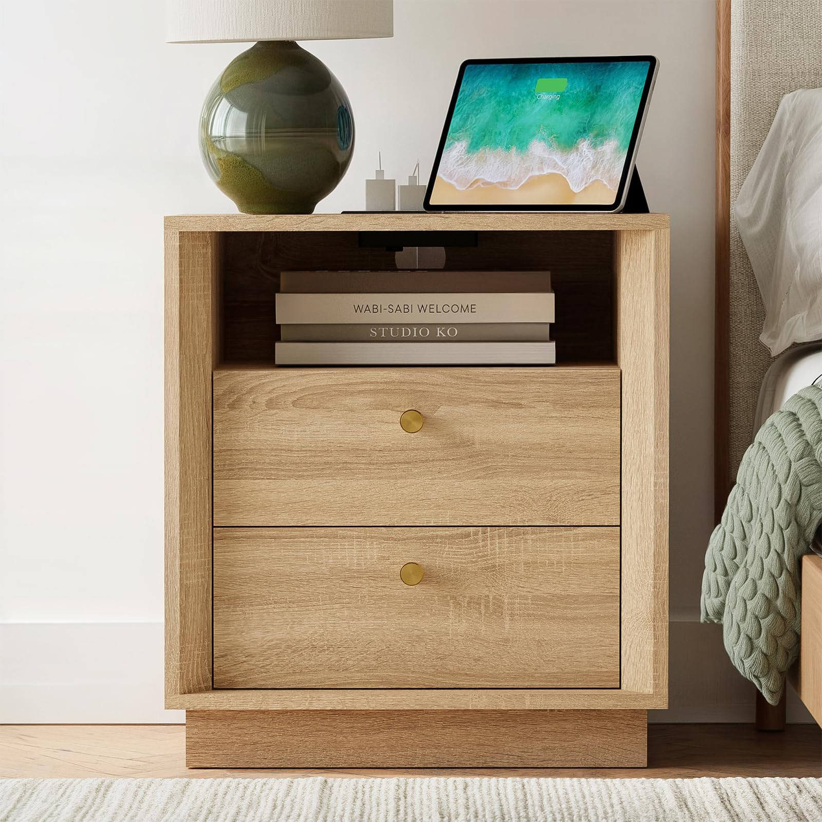 Nightstand with Charging Station, Mid Century Modern Nightstand with Wood Grain Texture, Boho End... | Amazon (US)