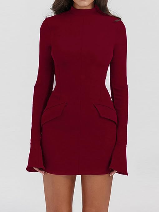 Women's Sexy Bodycon Party Dresses High Neck Long - Sleeved Flared Mini 2025 Summer Casual Club S... | Amazon (US)