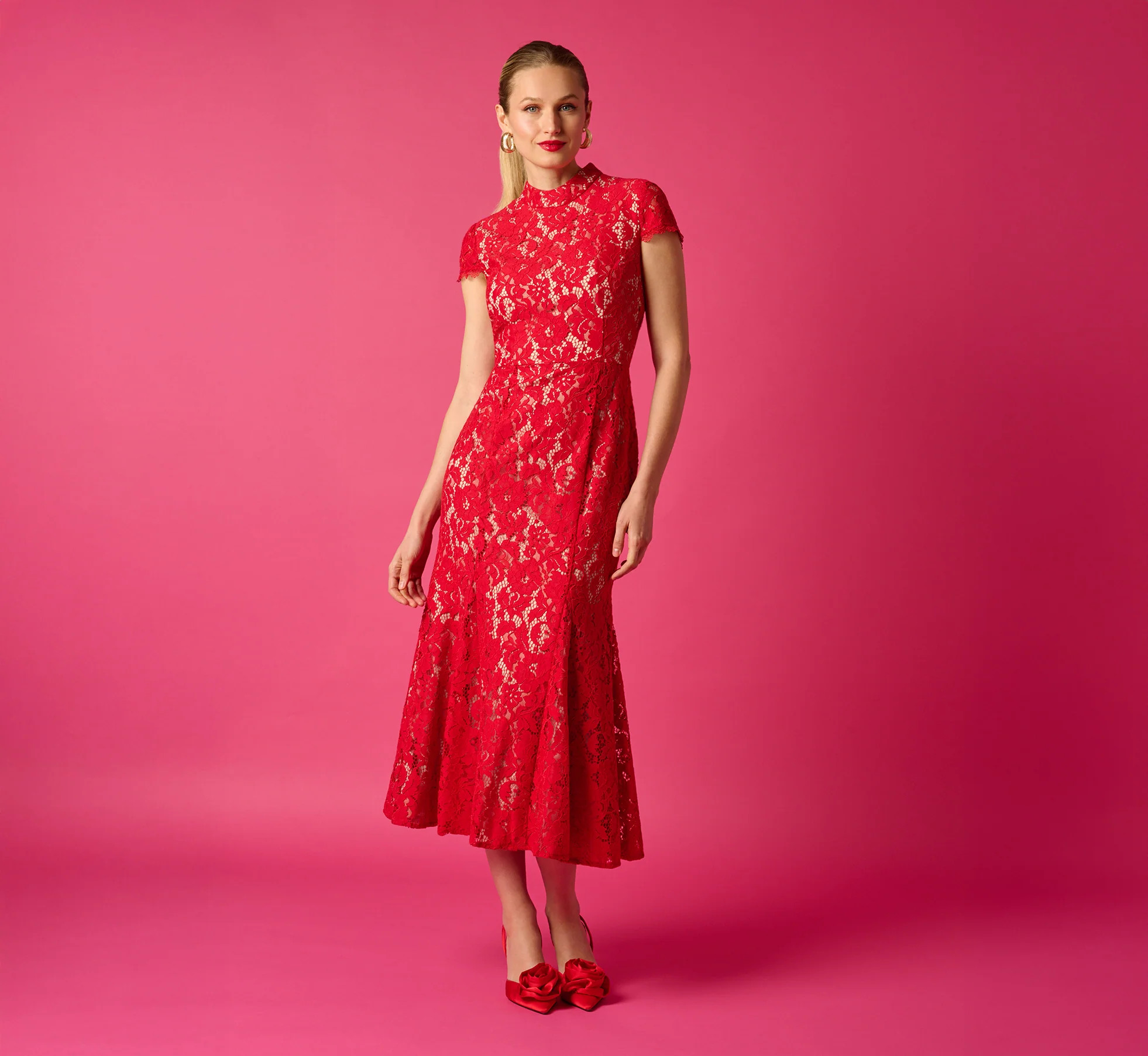 Cap Sleeve Lace Midi Dress In Red Nude | Adrianna Papell