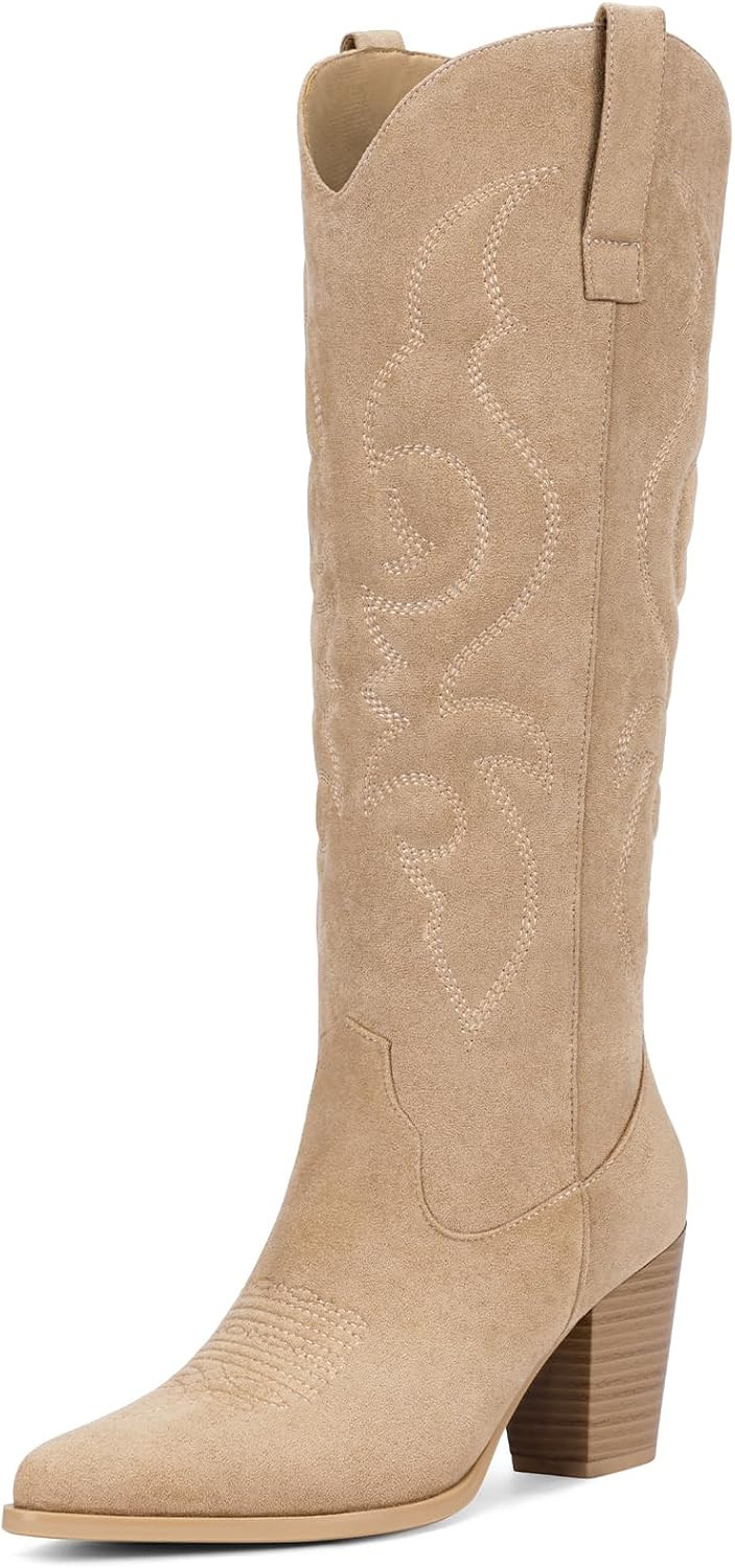Suede Cowboy Boots for Women - Western Knee High Cowgirl Boots with Side Zipper, Retro Pointed Toe Tall Block Heel Pull On Long Boot for Ladies Fall Winter Rodeos Concert Festival Daily | Amazon (US)