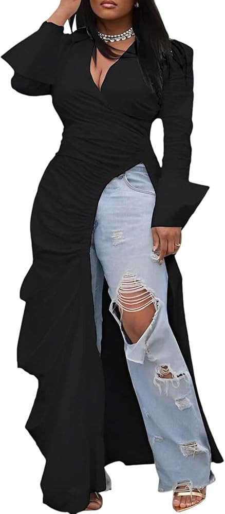Choichic Women's Deep V Neck Ruched Long Sleeve Side Split High Low Irregular Hem Top Tunic Blous... | Amazon (US)