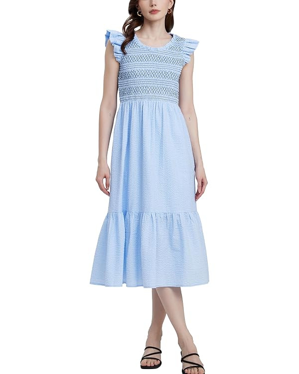 Women's Embroidered Smocked Midi Dress Casual Boho Ruffle Sleeve Crewneck Long Flowy Summer Dress | Amazon (US)