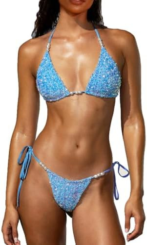 YAUASOPA Sexy Handmade Sequins 2PCS Bikini Set Tankini Sexy Bra Swimsuit Lace Top Praty Swimwear | Amazon (US)