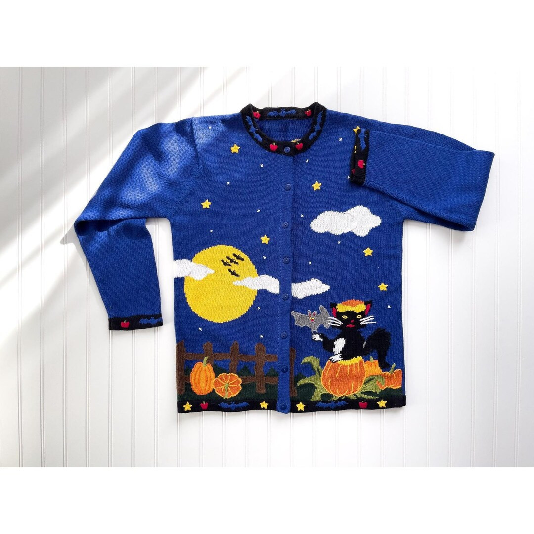 Vtg Quacker Factory Halloween Black Cat Bats Moon Cardigan Sweater M - Etsy | Etsy (US)