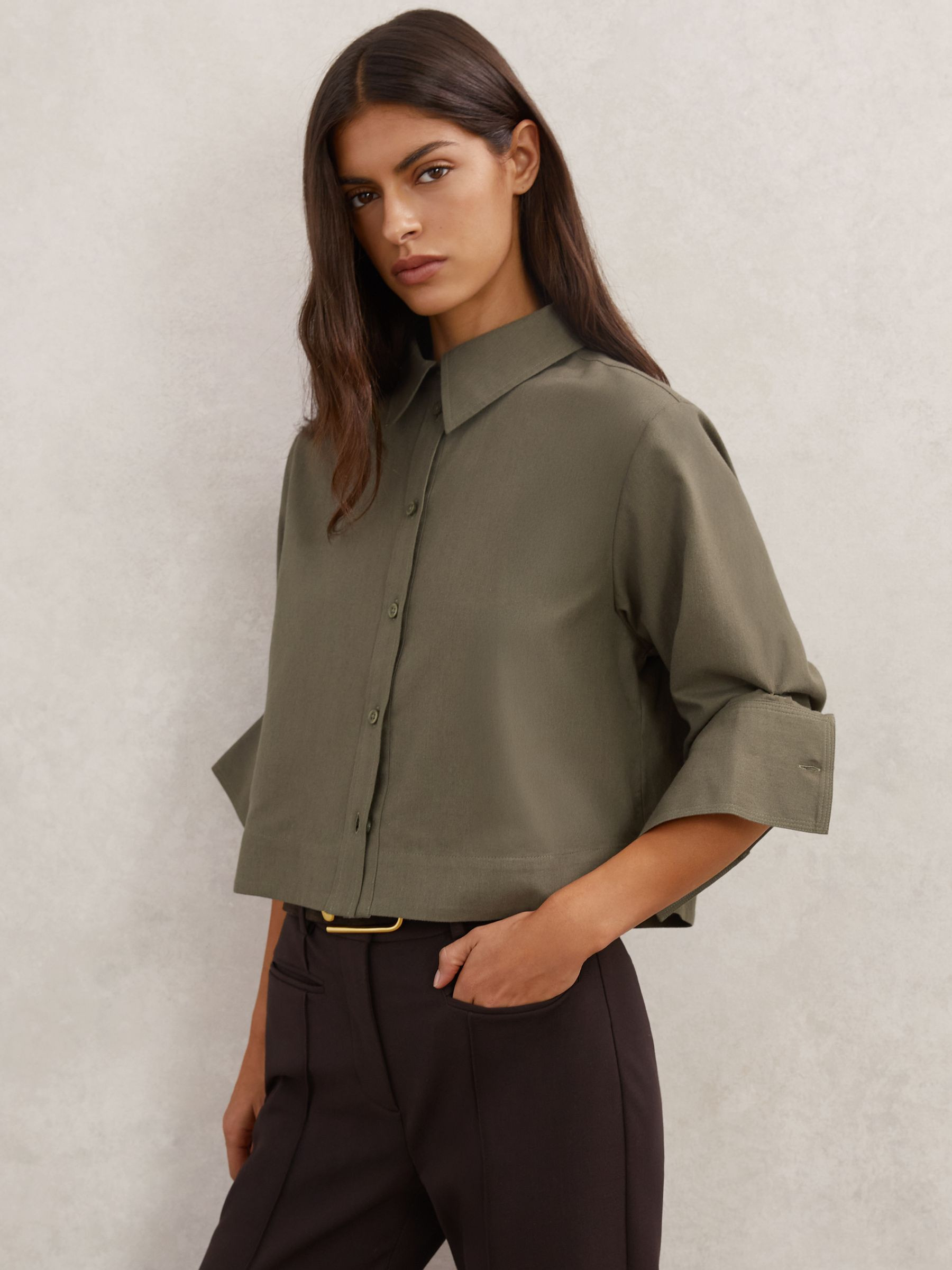 Cotton and Wool Cropped Shirt in Khaki Green | Reiss DE
