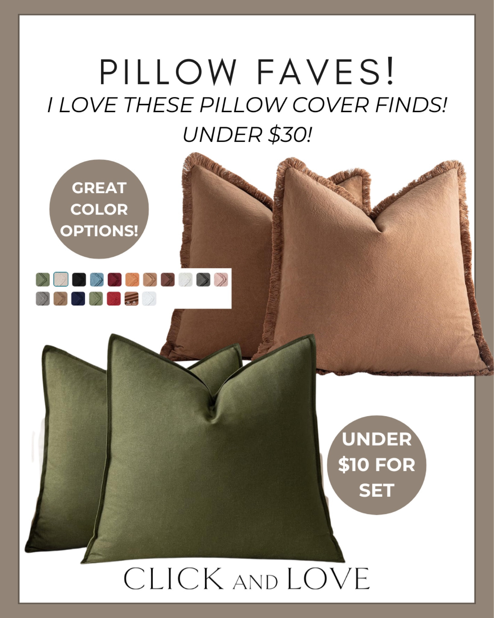 These are some of my favorite pillow cover options from Amazon! Super affordable and these colors are great for adding a touch of warmth to your home for the fall season. Under $10 for a set of two is a steal!

pillow covers, accent pillow, throw pillow, velvet pillow, blue pillows, neutral pillows, budget friendly pillow, Living room, bedroom, guest room, dining room, entryway, seating area, family room, affordable home decor, classic home decor, elevate your space, Modern home decor, traditional home decor, budget friendly home decor, Interior design, shoppable inspiration, curated styling, beautiful spaces, classic home decor, bedroom styling, living room styling, style tip, dining room styling, look for less, designer inspired, Amazon, Amazon home, Amazon must haves, Amazon finds, amazon favorites, Amazon home decor #amazon #amazonhome

#LTKSaleAlert #LTKHome #LTKFindsUnder50