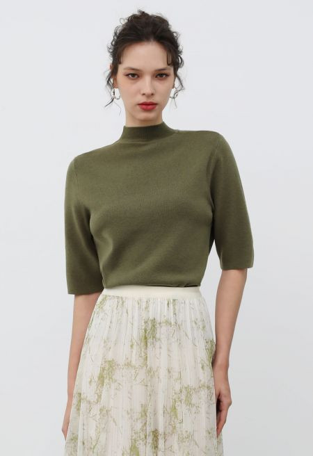 Mock Neck Elbow Sleeve Knit Top in Olive | Chicwish