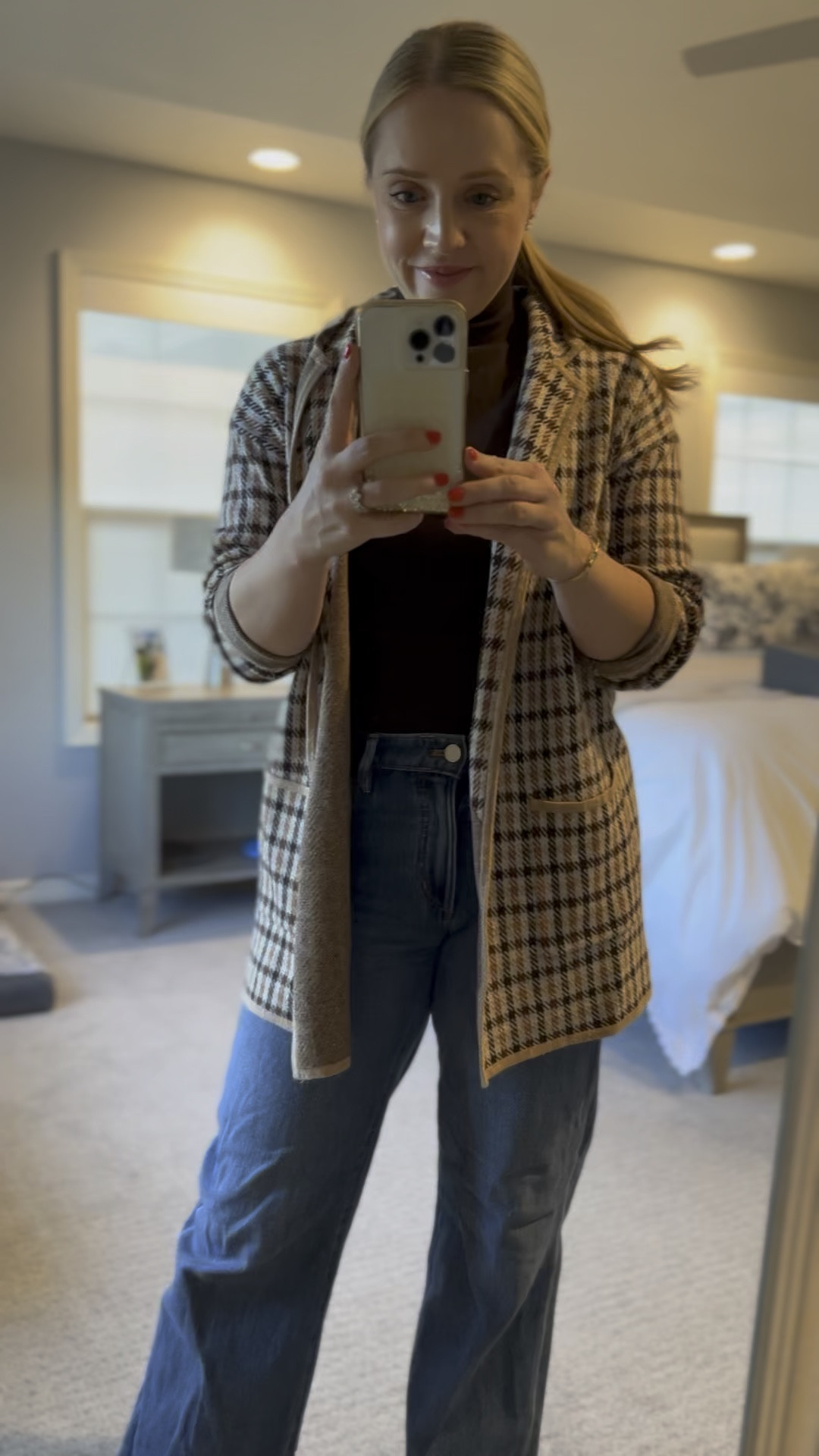 Winter outfit. Wide leg jeans are petite, wearing 4 petite, fits tts and on sale. Boots fit tts and are 40% off. Plaid sweater fits tts and is 40% off. 
Petite outfit, wide leg jeans, pointy toe bootie, winter boots, suede boots, petite jeans, plaid sweater blazer, women’s sweater, loft, Ann Taylor, winter fashion 

#LTKWatchNow #LTKSaleAlert