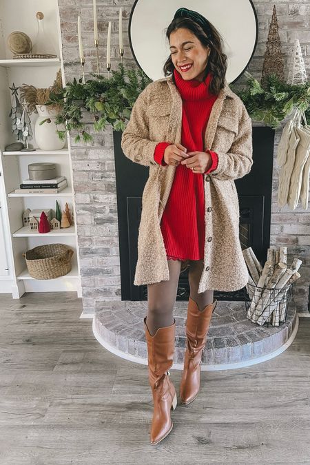 Last minute holiday outfit idea with red tunic sweater, lace slip dress, fleece lined leggings, Knee high boots, long Shaket coat, green velvet headband 

#LTKparties #LTKfindsunder100 #LTKHoliday