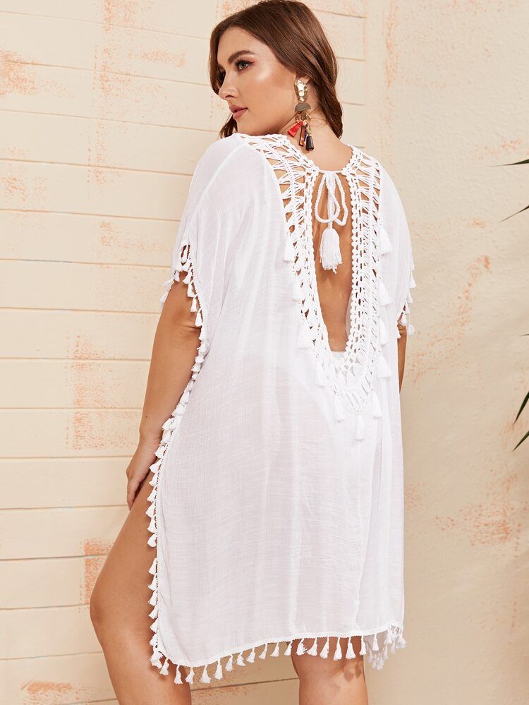 Plus Tassel Trim Hollow-out Crochet Cover Up | SHEIN