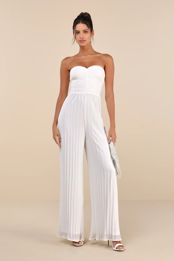 Certainly Charming White Pleated Strapless Wide-Leg Jumpsuit | Lulus