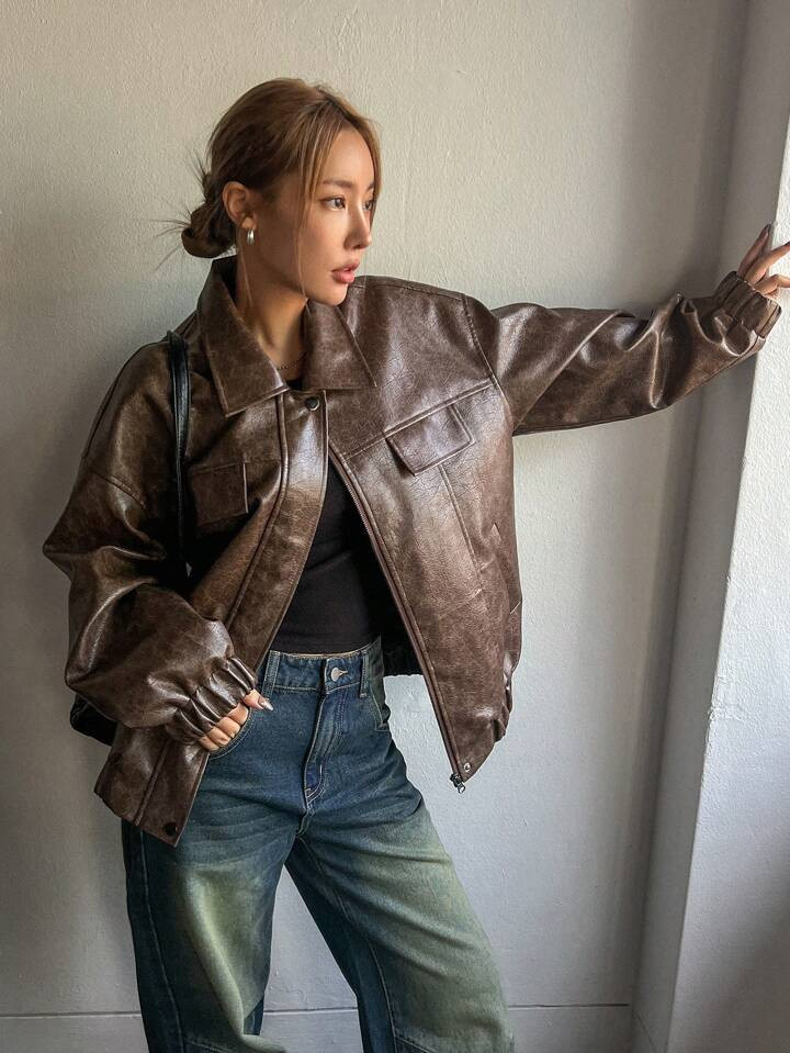 Dazy Star Flap Detail Drop Shoulder PU Leather Jacket | SHEIN