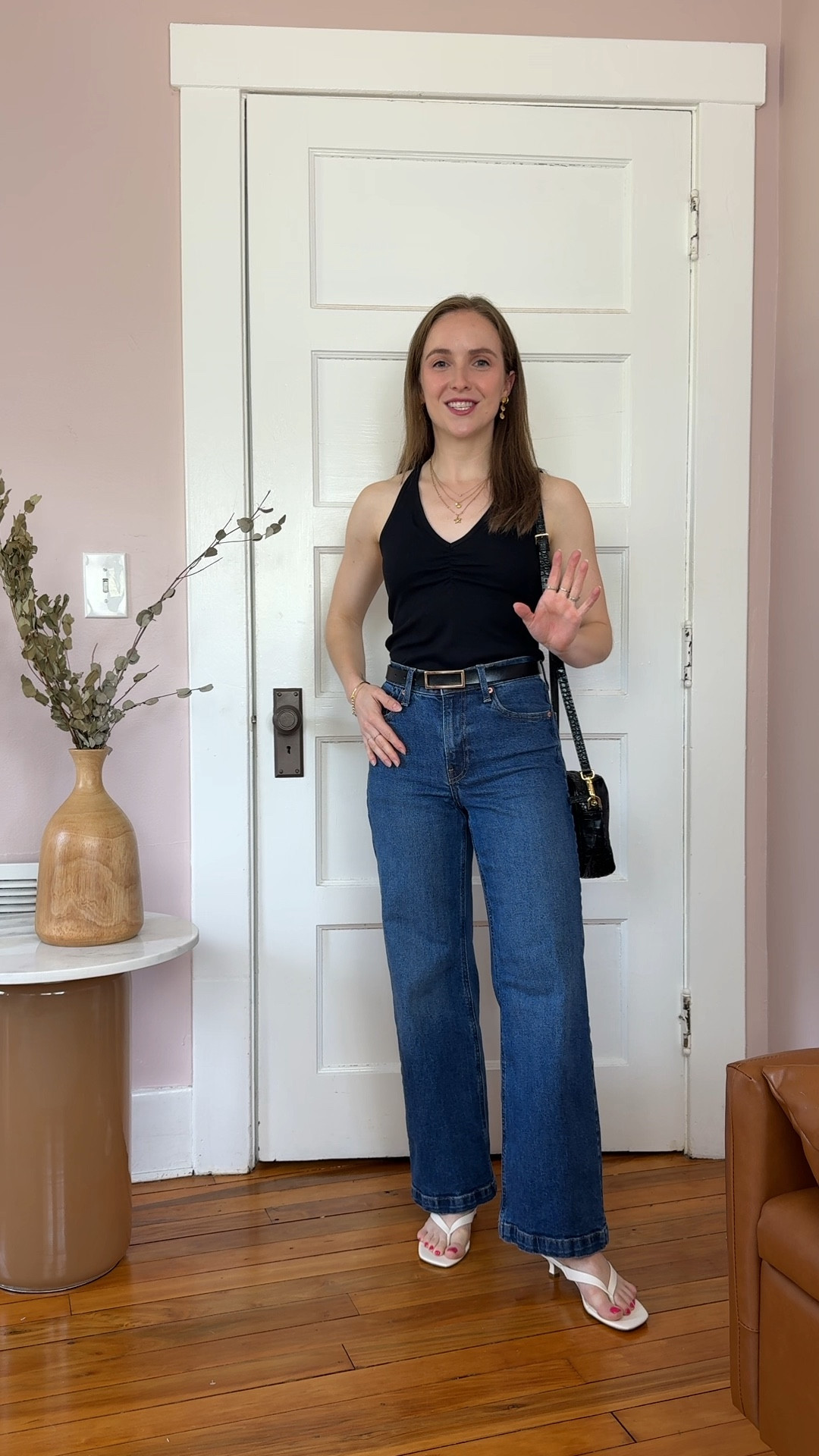 holy grail jeans that lift and shape, high-mid rise runs tts 
Code ADDON 
Wearing 24 petite 

$11 halter ribbed camisole with built in shelf bra.

Italian leather bag quince 365 day free returns 

Thong kitten heel sandals tts 50% off + free ship 

#LTKSaleAlert #LTKSeasonal #LTKPetite