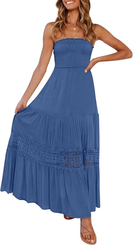 ZESICA Women's 2024 Summer Bohemian Strapless Off Shoulder Lace Trim Backless Flowy A Line Beach ... | Amazon (US)