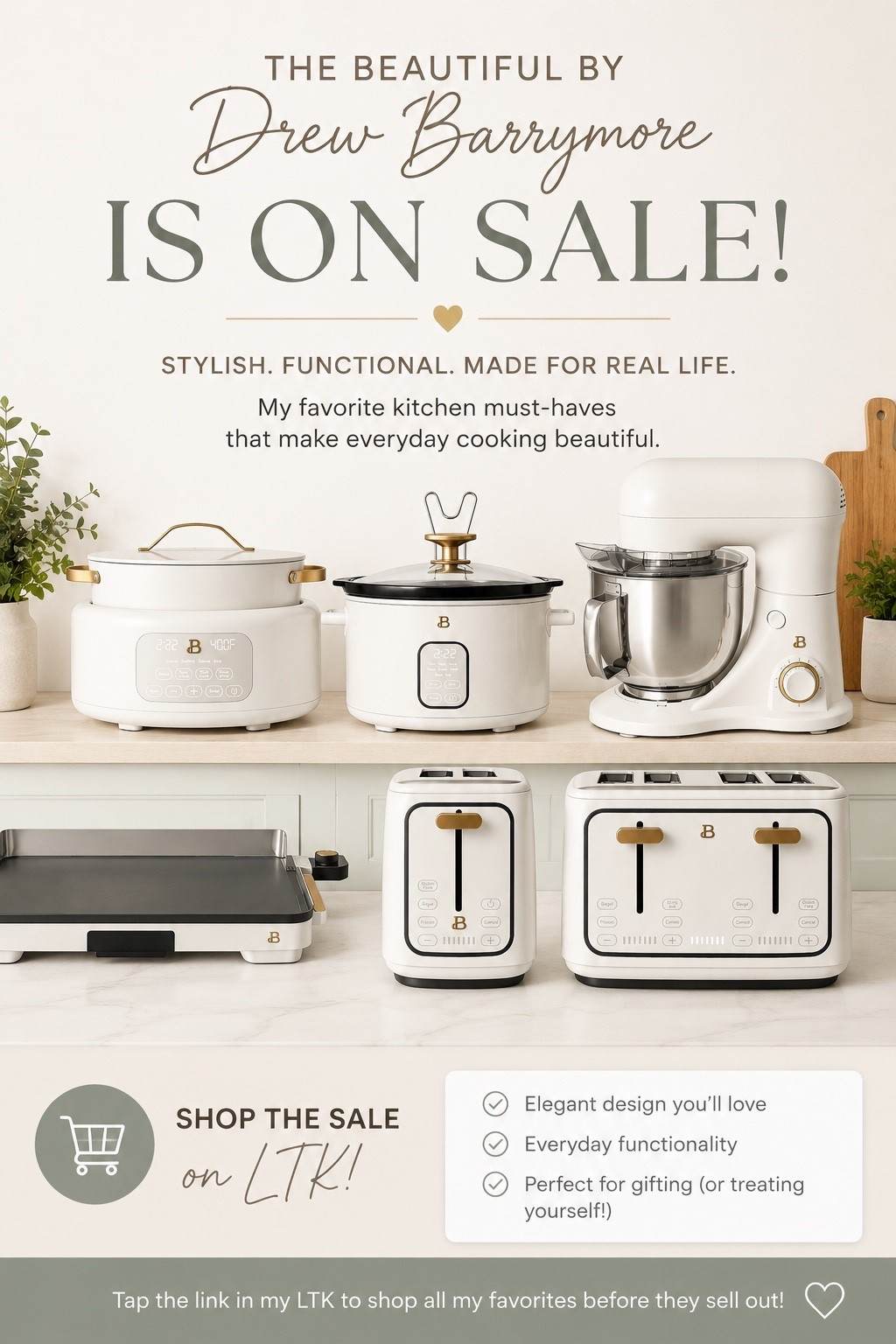 If you’ve been eyeing the Beautiful by Drew Barrymore collection, now is the perfect time to grab it! Several of my favorite pieces are on sale, and they’re as functional as they are beautiful. I love the clean white and gold design, and they look gorgeous sitting out on the counter.

From the multi-cooker and slow cooker to the stand mixer, griddle, and matching toasters, this collection makes your kitchen feel elevated without sacrificing performance.

Shop my LTK for all of my favorites before the sale ends!  #LTKHome #WalmartFinds #BeautifulKitchen #KitchenFavorites #KitchenInspo #HomeEssentials #WalmartCreator #KitchenGoals

#LTKSaleAlert #LTKHome